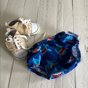 NB/3m baby boy running shoes and ZOOCCHINI diaper cover swimsuit, shark boys